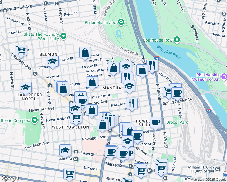map of restaurants, bars, coffee shops, grocery stores, and more near 3712 Wallace Street in Philadelphia