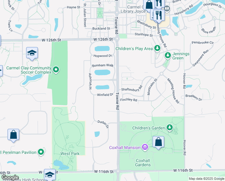 map of restaurants, bars, coffee shops, grocery stores, and more near 2420 Winfield Drive in Carmel