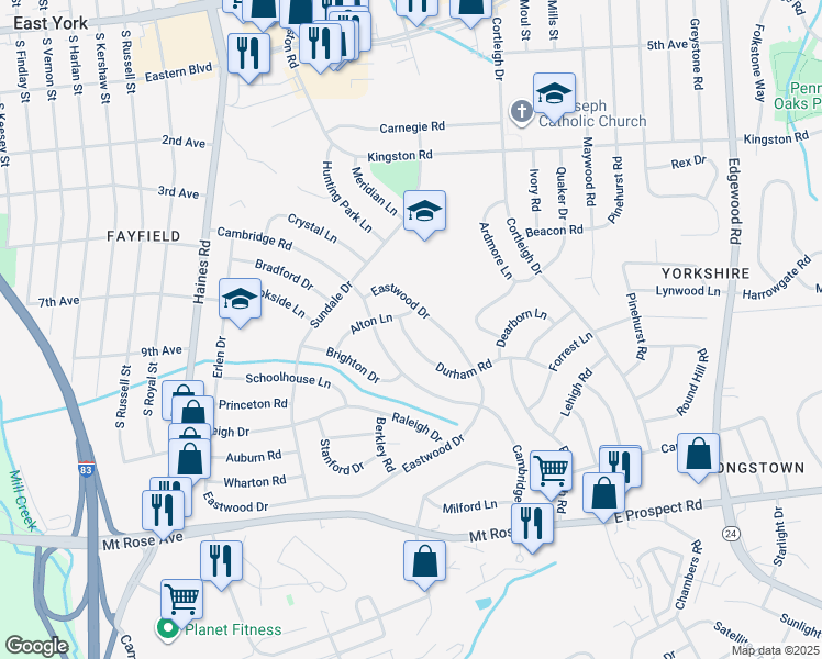 map of restaurants, bars, coffee shops, grocery stores, and more near 2555 Durham Road in York