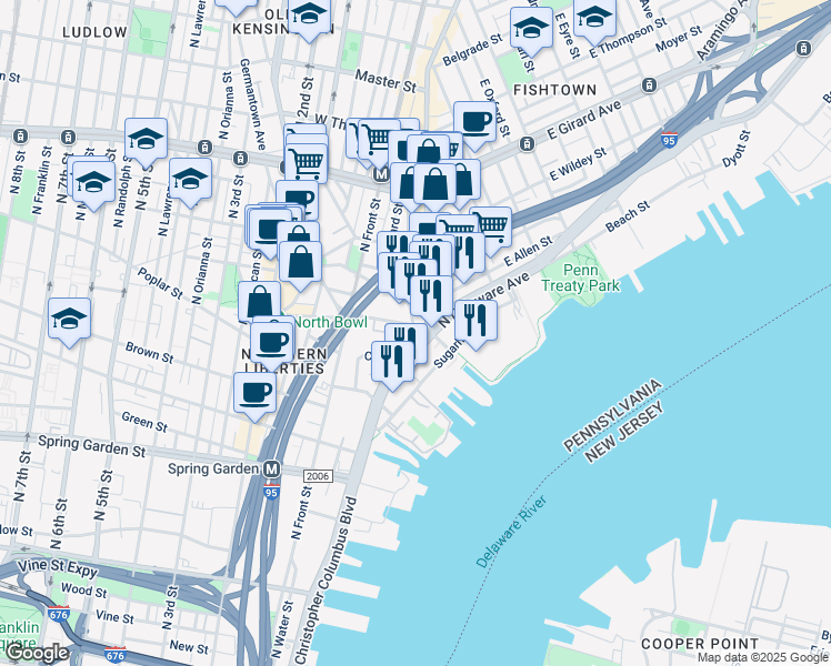 map of restaurants, bars, coffee shops, grocery stores, and more near 982-88 North Delaware Avenue in Philadelphia
