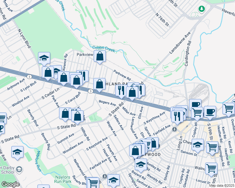 map of restaurants, bars, coffee shops, grocery stores, and more near 7603 West Chester Pike in Upper Darby