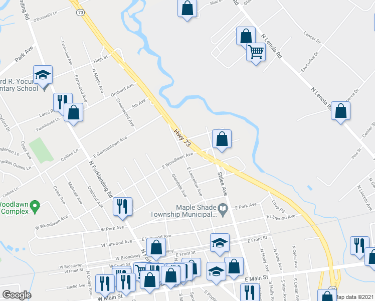map of restaurants, bars, coffee shops, grocery stores, and more near 3053b New Jersey 73 in Maple Shade