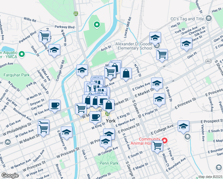 map of restaurants, bars, coffee shops, grocery stores, and more near 57 East Philadelphia Street in York