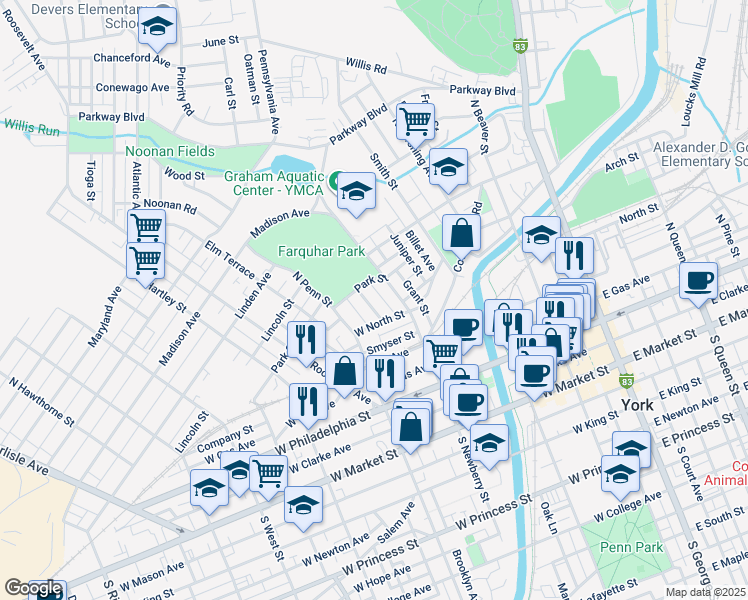 map of restaurants, bars, coffee shops, grocery stores, and more near 329 Garfield Street in York