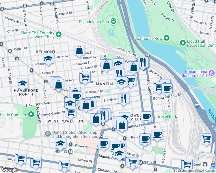 map of restaurants, bars, coffee shops, grocery stores, and more near 630 North 37th Street in Philadelphia