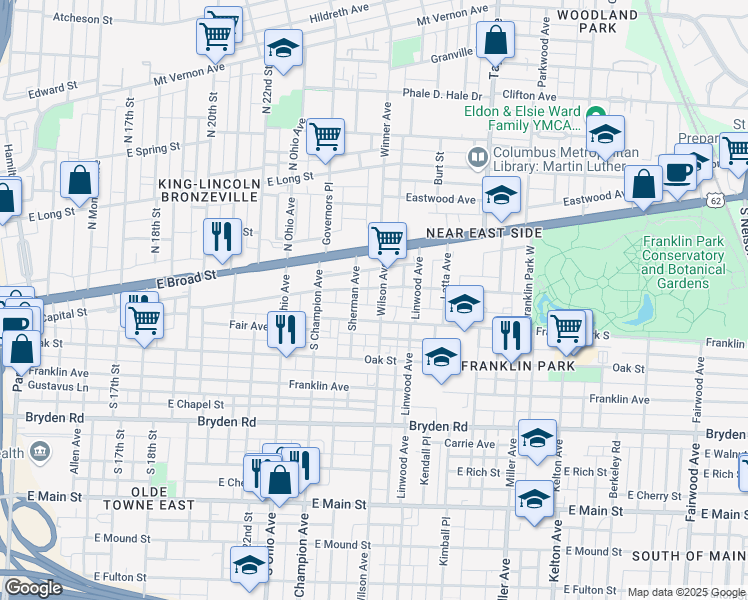 map of restaurants, bars, coffee shops, grocery stores, and more near 75 Wilson Avenue in Columbus