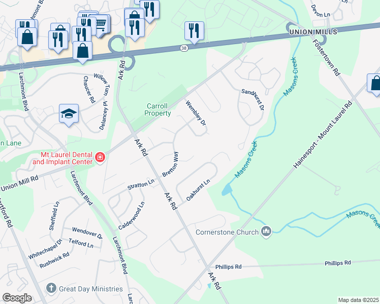 map of restaurants, bars, coffee shops, grocery stores, and more near 10 Victoria Court in Mount Laurel Township