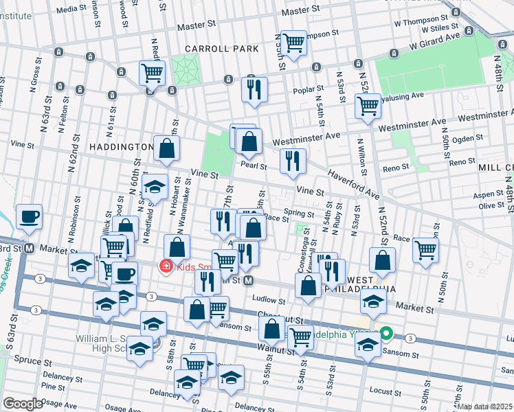 map of restaurants, bars, coffee shops, grocery stores, and more near 218 North 56th Street in Philadelphia