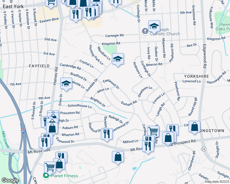 map of restaurants, bars, coffee shops, grocery stores, and more near 2555 Durham Road in York