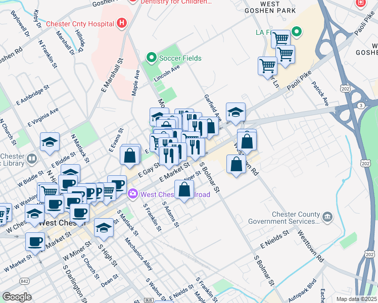 map of restaurants, bars, coffee shops, grocery stores, and more near 630 East Gay Street in West Chester