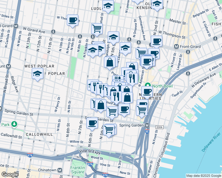 map of restaurants, bars, coffee shops, grocery stores, and more near 815 North Orkney Street in Philadelphia