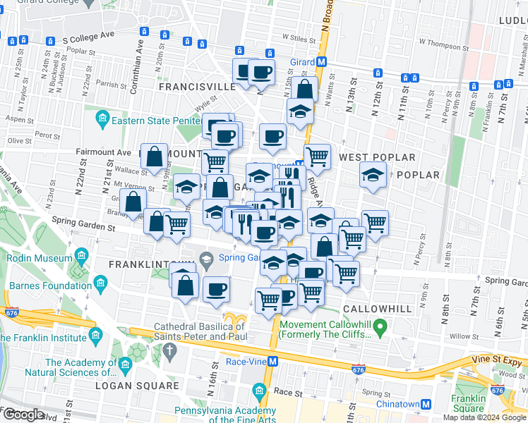 map of restaurants, bars, coffee shops, grocery stores, and more near 1500 Mount Vernon Street in Philadelphia