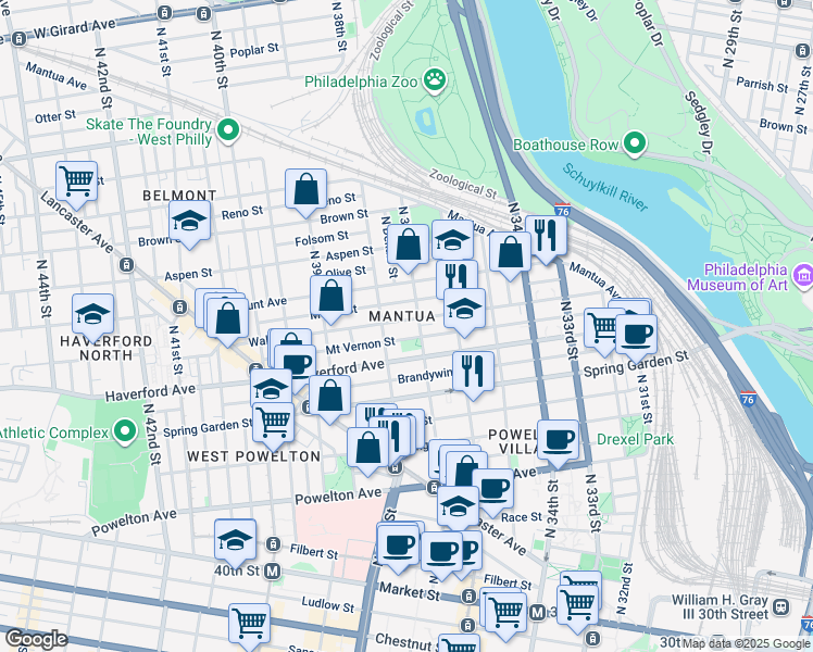 map of restaurants, bars, coffee shops, grocery stores, and more near 3714 Wallace Street in Philadelphia