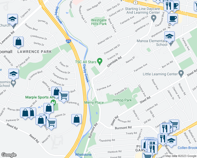 map of restaurants, bars, coffee shops, grocery stores, and more near 400 Glendale Road in Havertown