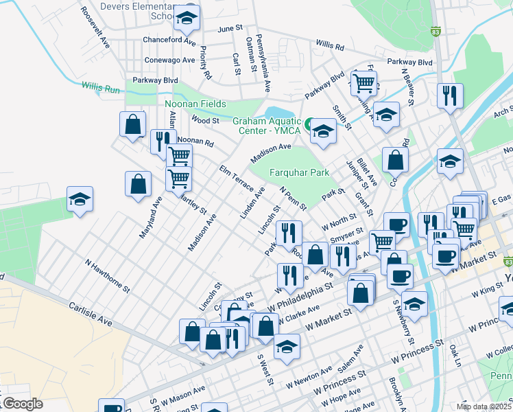 map of restaurants, bars, coffee shops, grocery stores, and more near 450 Linden Avenue in York