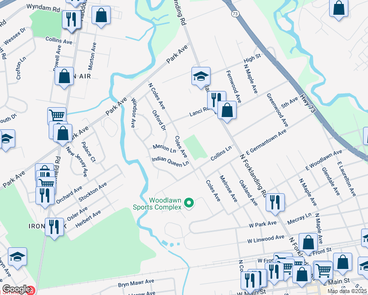 map of restaurants, bars, coffee shops, grocery stores, and more near 537 North Coles Avenue in Maple Shade