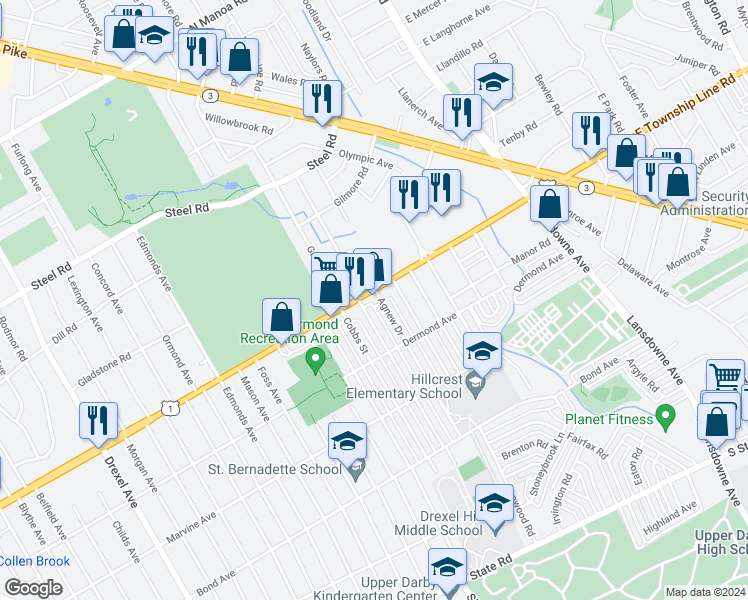 map of restaurants, bars, coffee shops, grocery stores, and more near 2806 Township Line Road in Drexel Hill