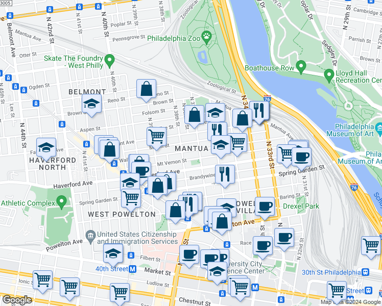 map of restaurants, bars, coffee shops, grocery stores, and more near 3720 Wallace Street in Philadelphia