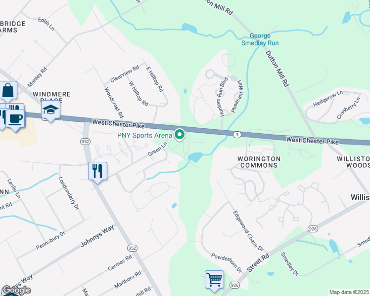 map of restaurants, bars, coffee shops, grocery stores, and more near 1646 West Chester Pike in Glen Mills