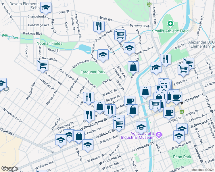 map of restaurants, bars, coffee shops, grocery stores, and more near 331 Garfield Street in York