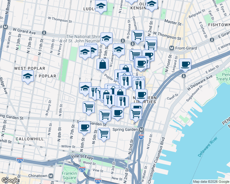 map of restaurants, bars, coffee shops, grocery stores, and more near 829 North 4th Street in Philadelphia
