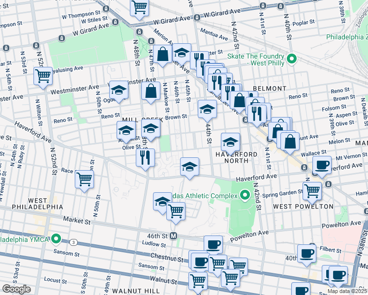 map of restaurants, bars, coffee shops, grocery stores, and more near 701A North 46th Street in Philadelphia