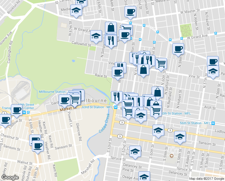 map of restaurants, bars, coffee shops, grocery stores, and more near 103 North Gross Street in Philadelphia
