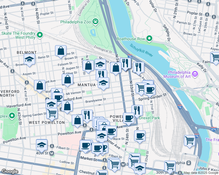 map of restaurants, bars, coffee shops, grocery stores, and more near 622 North 35th Street in Philadelphia