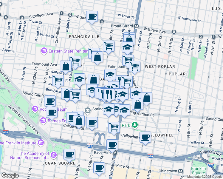 map of restaurants, bars, coffee shops, grocery stores, and more near 1504 Mount Vernon Street in Philadelphia