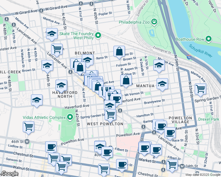map of restaurants, bars, coffee shops, grocery stores, and more near 3950 Melon Street in Philadelphia