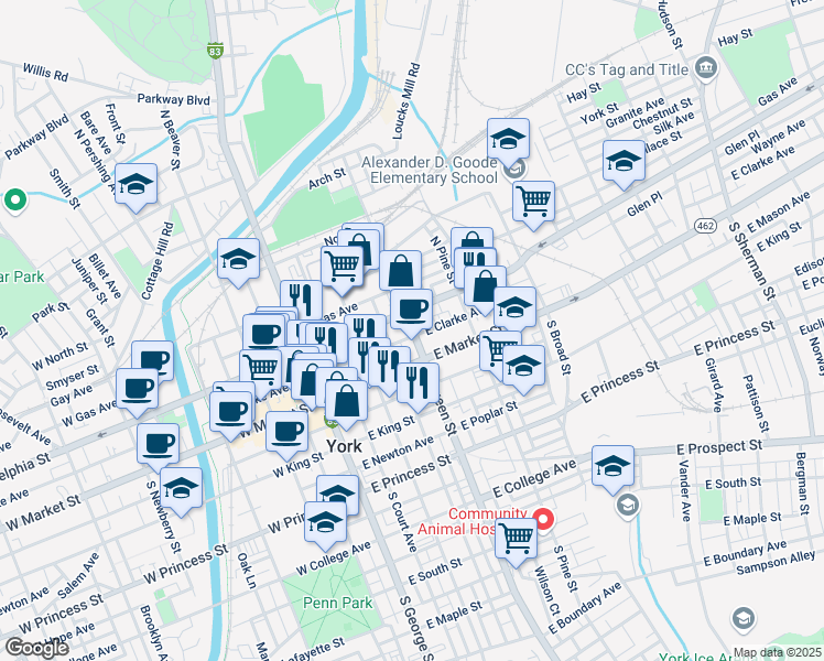 map of restaurants, bars, coffee shops, grocery stores, and more near in York
