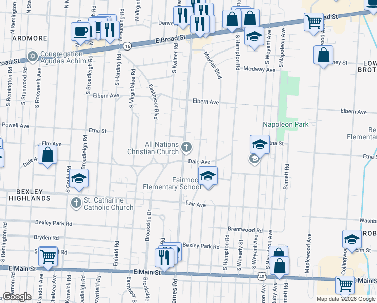 map of restaurants, bars, coffee shops, grocery stores, and more near 350 South James Road in Columbus