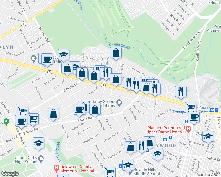 map of restaurants, bars, coffee shops, grocery stores, and more near 4 South Pennock Avenue in Delaware County