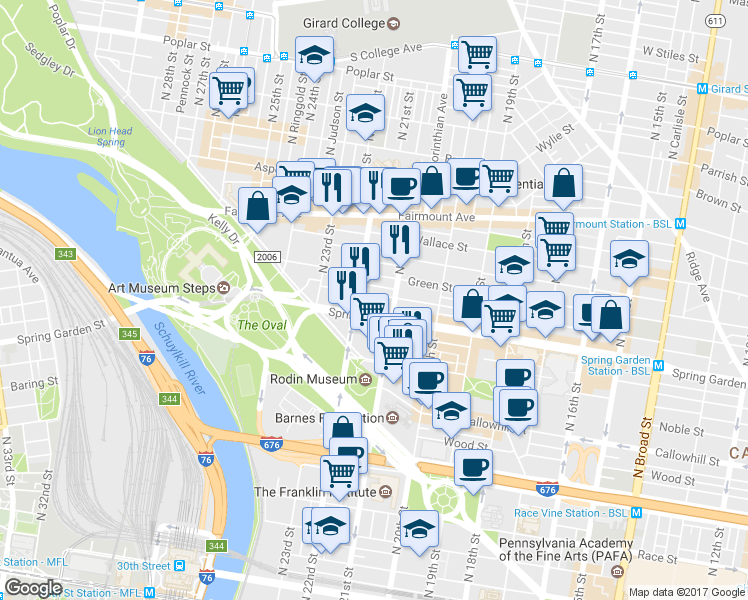 map of restaurants, bars, coffee shops, grocery stores, and more near 2116 Brandywine Street in Philadelphia