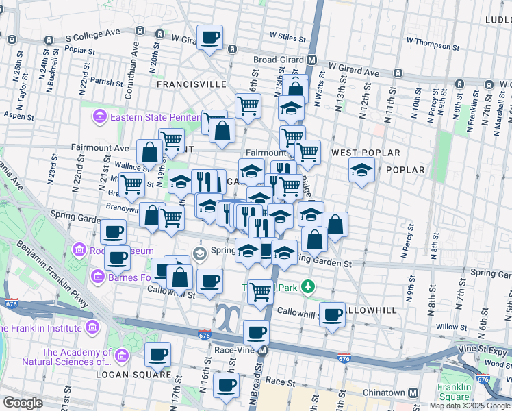 map of restaurants, bars, coffee shops, grocery stores, and more near 1500 Mount Vernon Street in Philadelphia