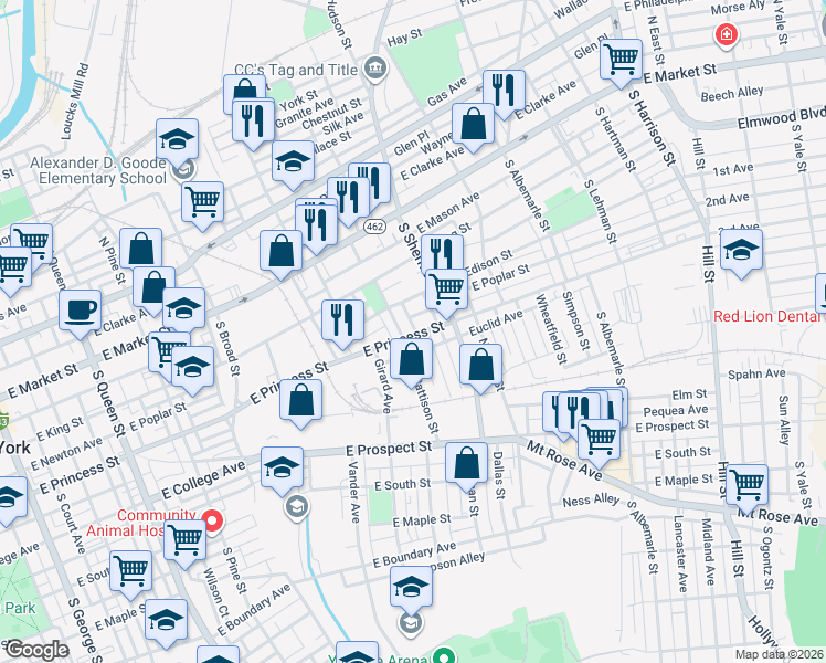 map of restaurants, bars, coffee shops, grocery stores, and more near 707 East Princess Street in York