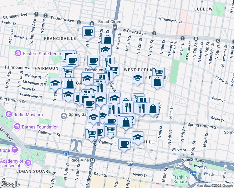 map of restaurants, bars, coffee shops, grocery stores, and more near 1315 Ridge Avenue in Philadelphia