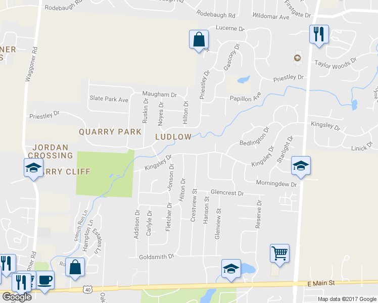 map of restaurants, bars, coffee shops, grocery stores, and more near 8198 Kingsley Drive in Reynoldsburg