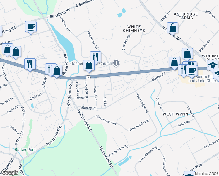 map of restaurants, bars, coffee shops, grocery stores, and more near 18 Edgewood Rd in West Chester