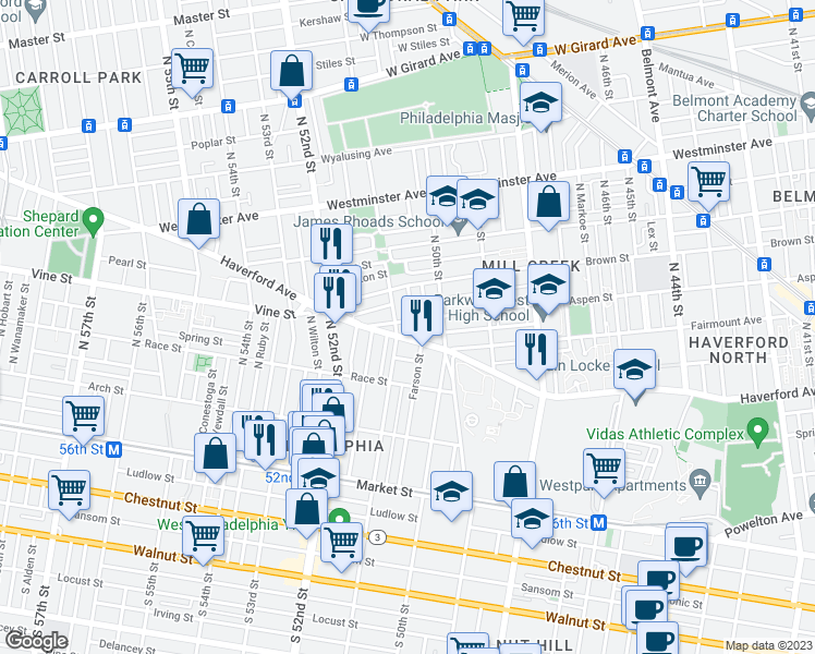 map of restaurants, bars, coffee shops, grocery stores, and more near 5044 Aspen Street in Philadelphia