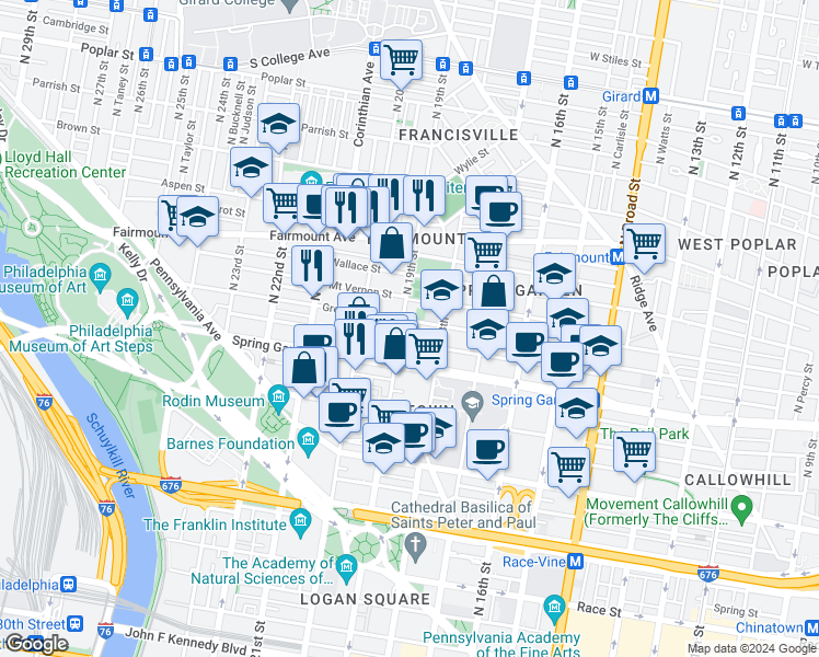 map of restaurants, bars, coffee shops, grocery stores, and more near 1836 Green Street in Philadelphia