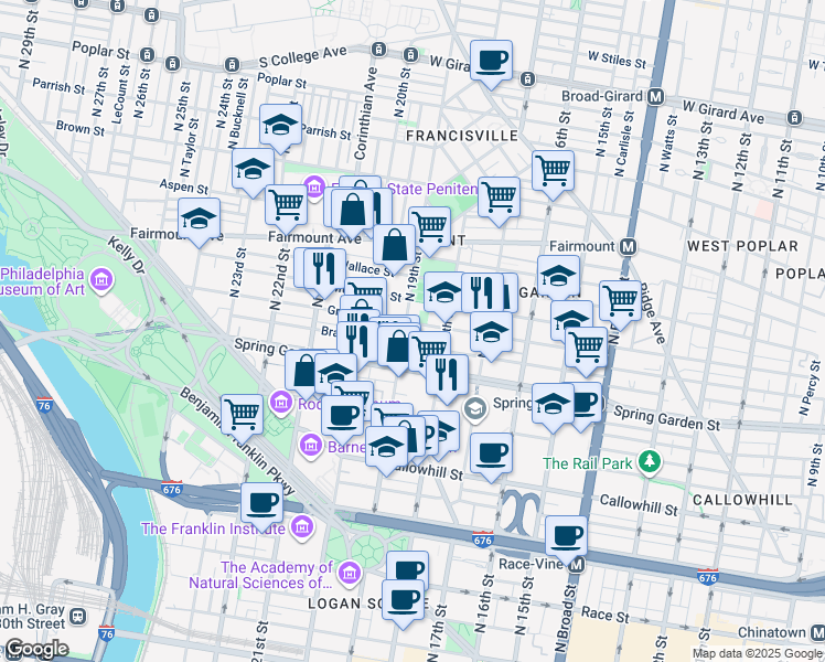 map of restaurants, bars, coffee shops, grocery stores, and more near 1836 Green Street in Philadelphia