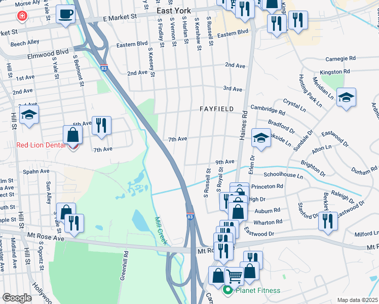 map of restaurants, bars, coffee shops, grocery stores, and more near 741 South Harlan Street in East York