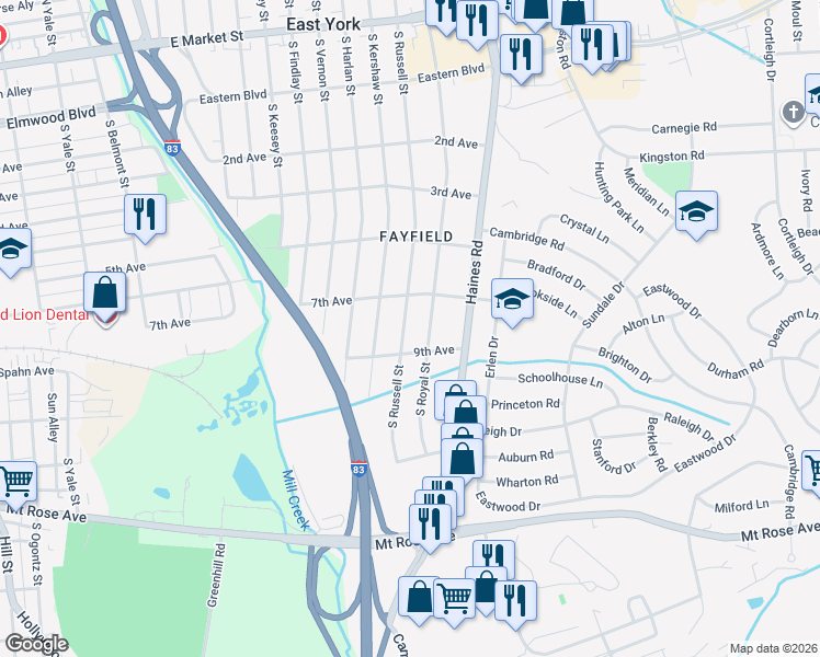 map of restaurants, bars, coffee shops, grocery stores, and more near 751 South Russell Street in East York