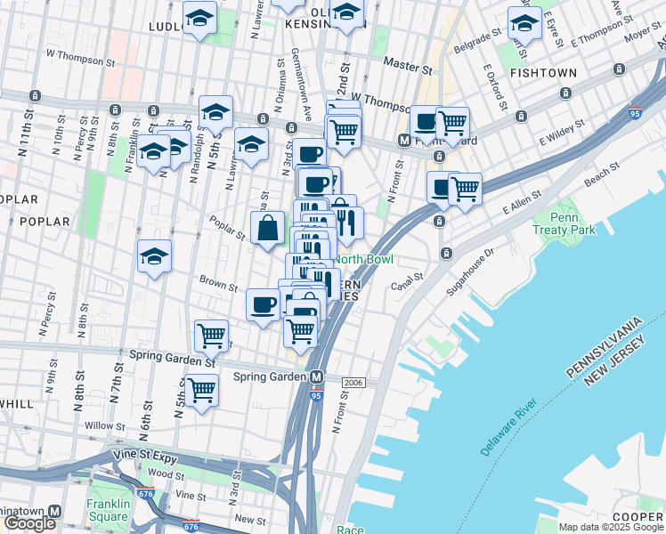 map of restaurants, bars, coffee shops, grocery stores, and more near 929 North Hancock Street in Philadelphia