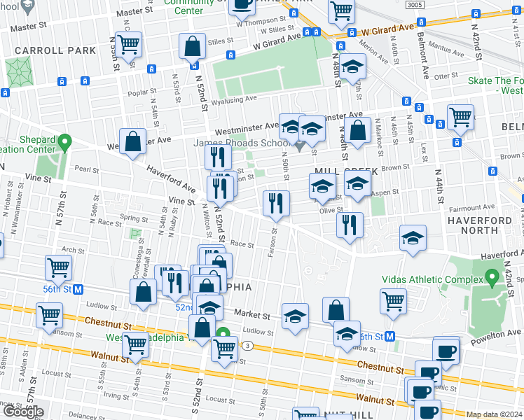 map of restaurants, bars, coffee shops, grocery stores, and more near 5052 Aspen Street in Philadelphia