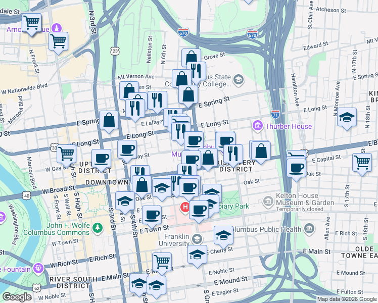 map of restaurants, bars, coffee shops, grocery stores, and more near 369 East Gay Street in Columbus