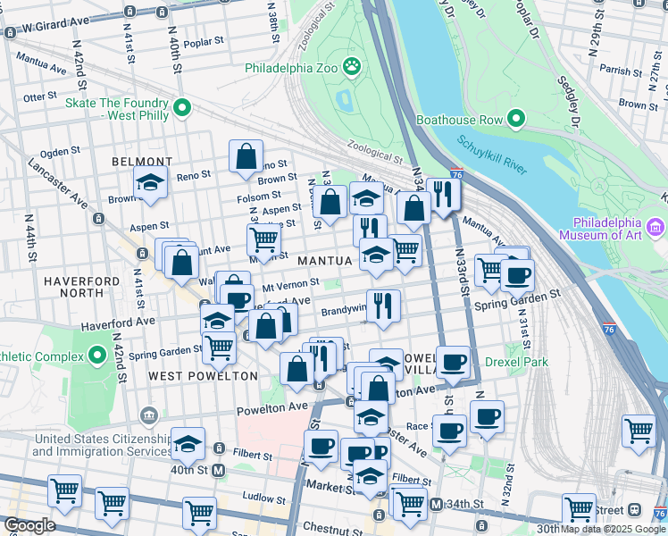 map of restaurants, bars, coffee shops, grocery stores, and more near 630 North 37th Street in Philadelphia