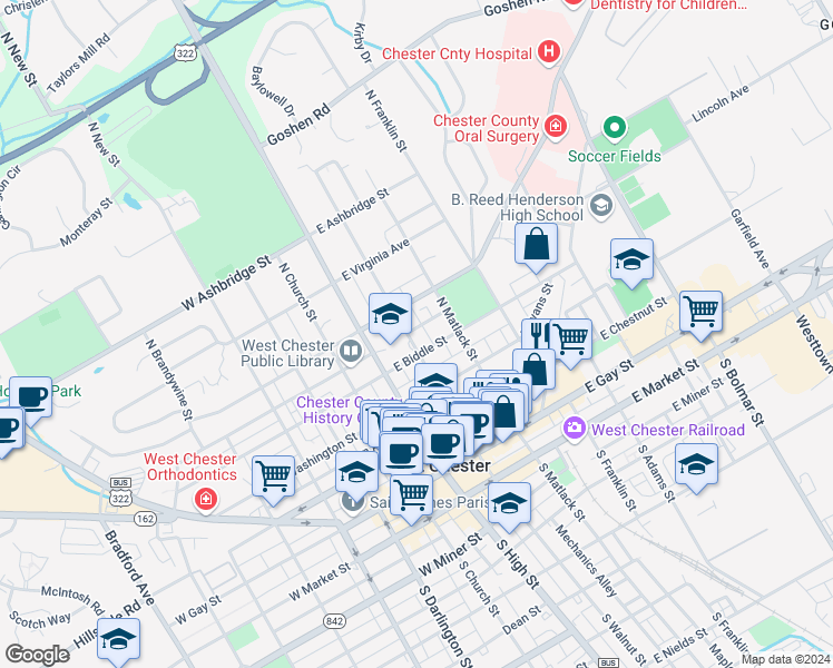 map of restaurants, bars, coffee shops, grocery stores, and more near 419 North Walnut Street in West Chester
