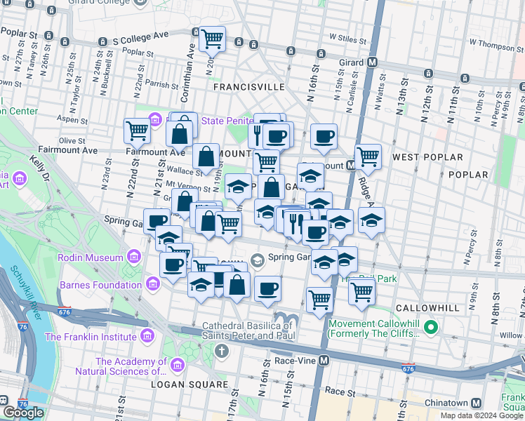 map of restaurants, bars, coffee shops, grocery stores, and more near 1701 Green Street in Philadelphia